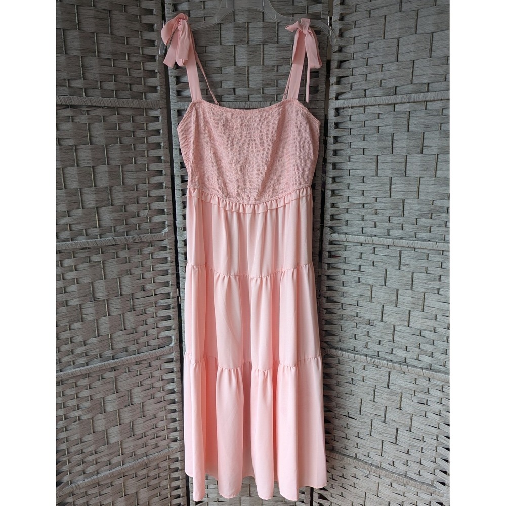 Francesca's Mi Ami Midi Dress Light Pink Smocked Tiered Tie Shoulder XL Pastel